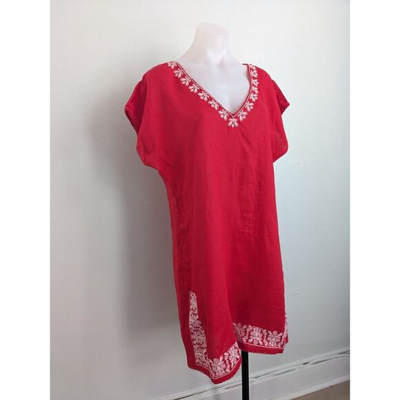 New Zara Basic Size Large Embroidered Shift Dress Red White Linen Short Sleeves - Picture 14 of 16